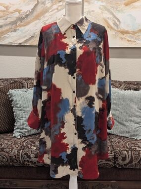 SHEIN Abstract Painterly Button-Front Longline Shirt in Red, Blue, Black